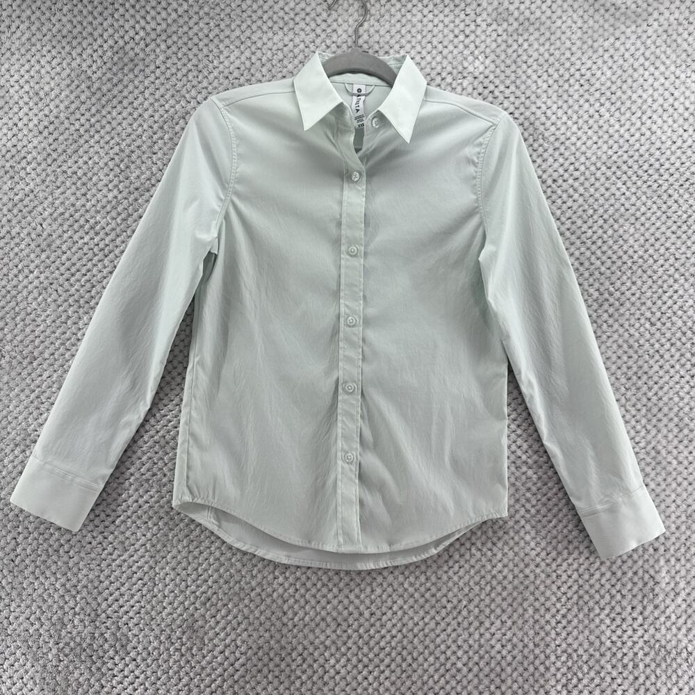 Athleta Button Front Shirt Womens XXS Light Green Long Sleeve Collared Workwear